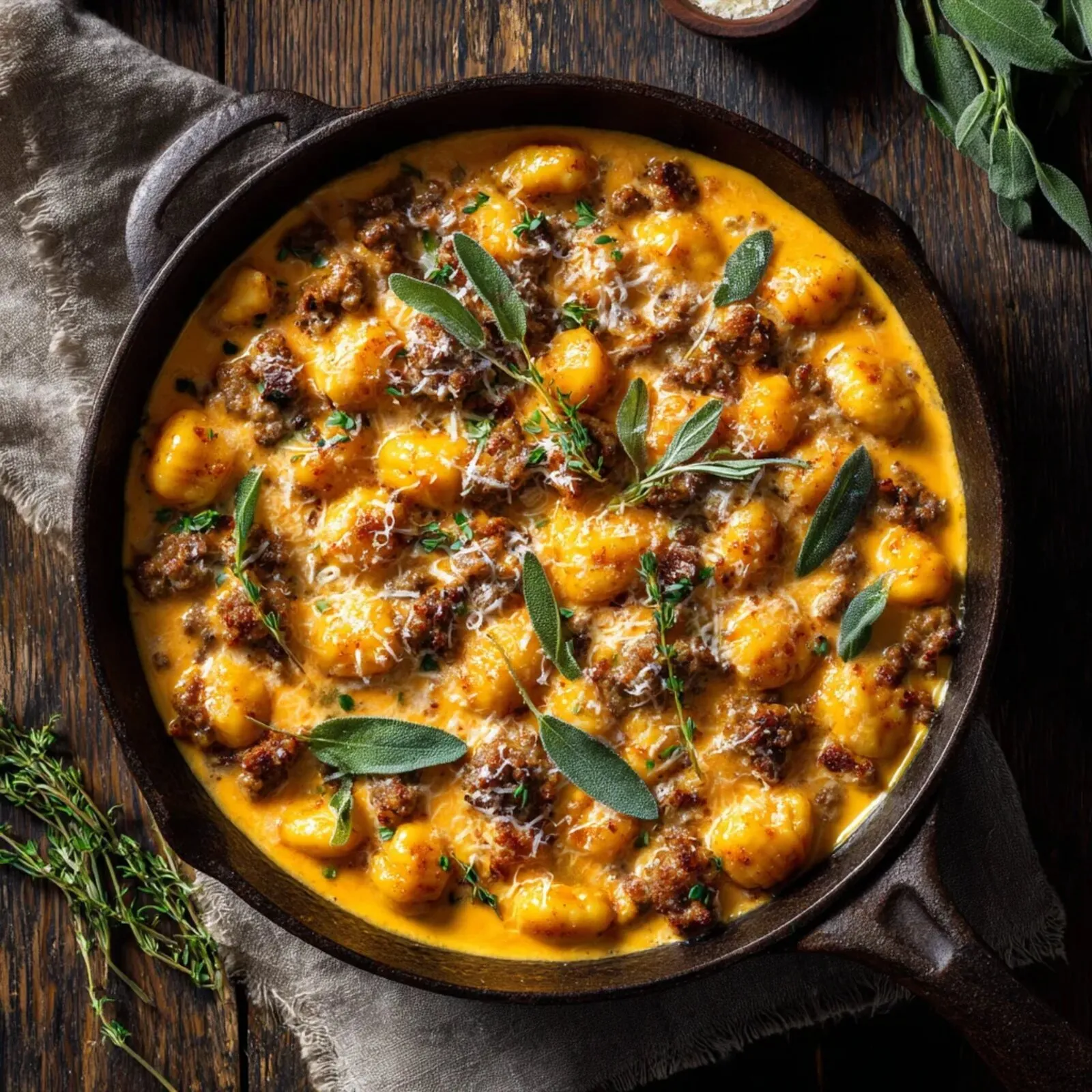 Crispy gnocchi with Italian sausage and butternut squash sauce