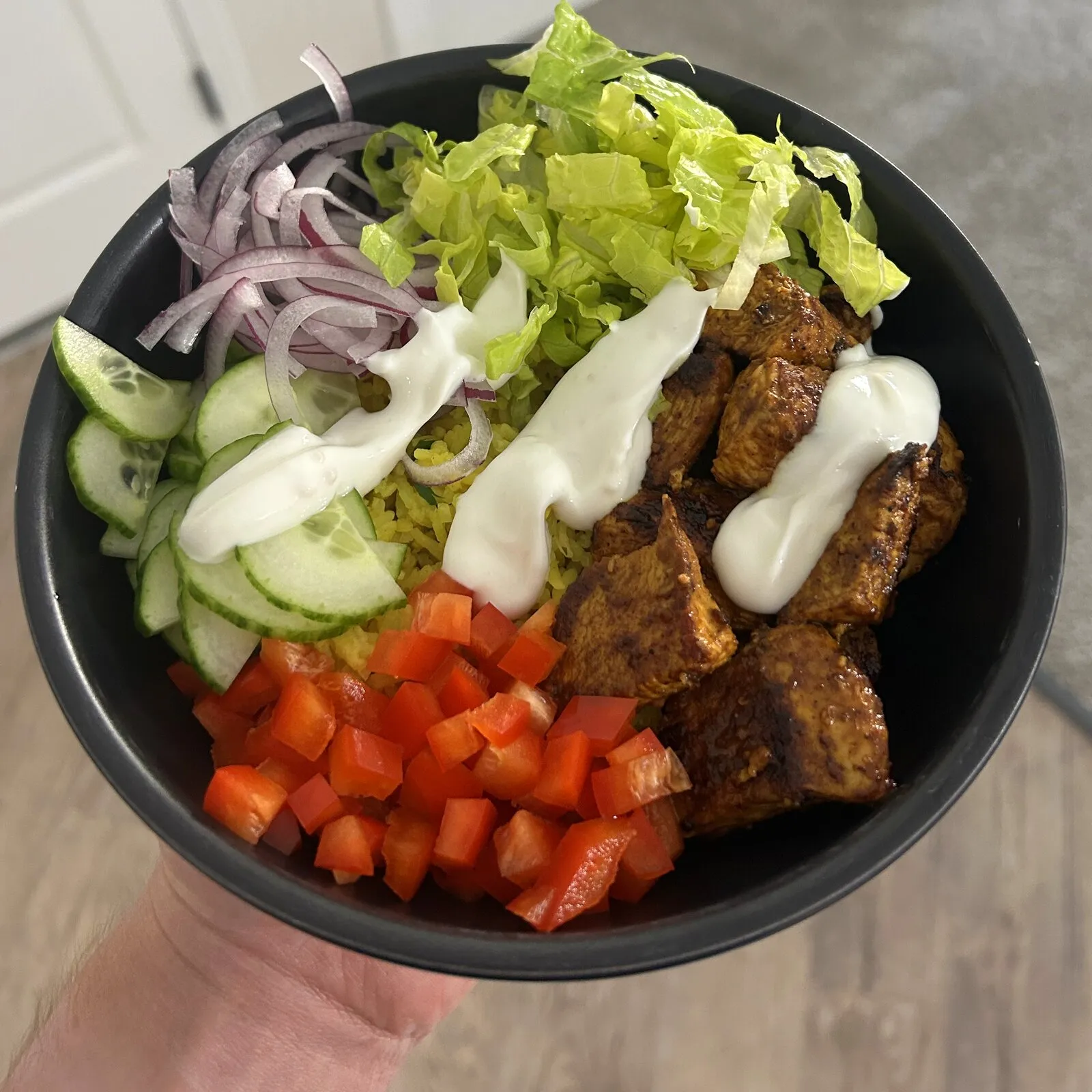 Chicken shawarma bowls with lemon yellow rice